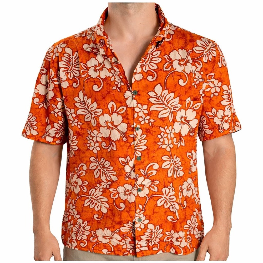 Aloha Republic Hawaiian Aloha Shirt 3XL Floral Hibiscus Flowers Orange Tan